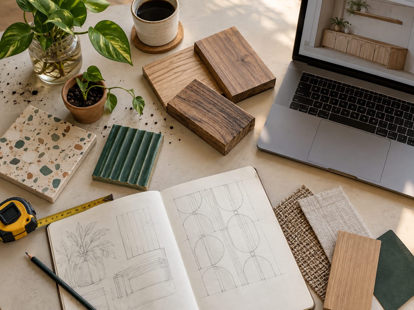 A table spread with wood samples, a terrazzo tile, fabric swatches, a cutting in a jar, a sketchbook of panel patterns and a laptop.
