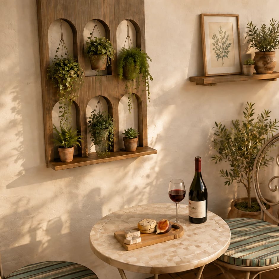 An arched wooden wall planter holding small potted plants, above a bistro table with wine and a cheese board.