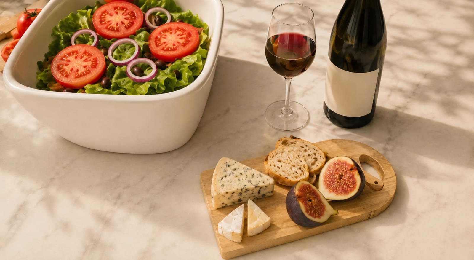 A wooden cheese board with figs, bread and cheese beside a salad and a glass of wine.