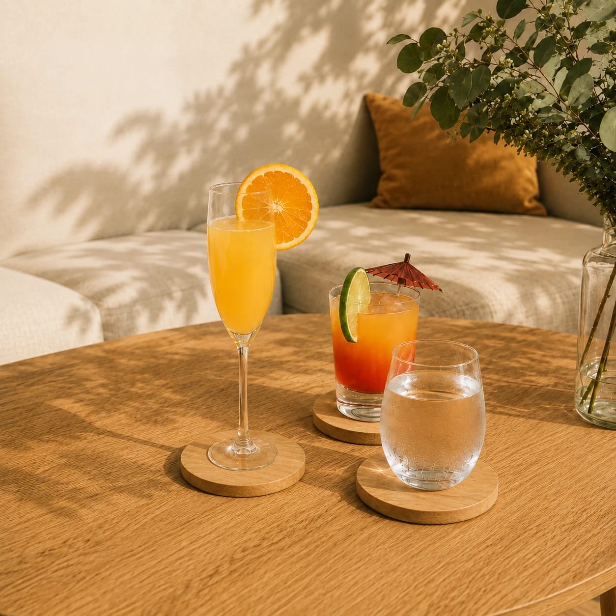 Round wooden coasters under three drinks on a table.