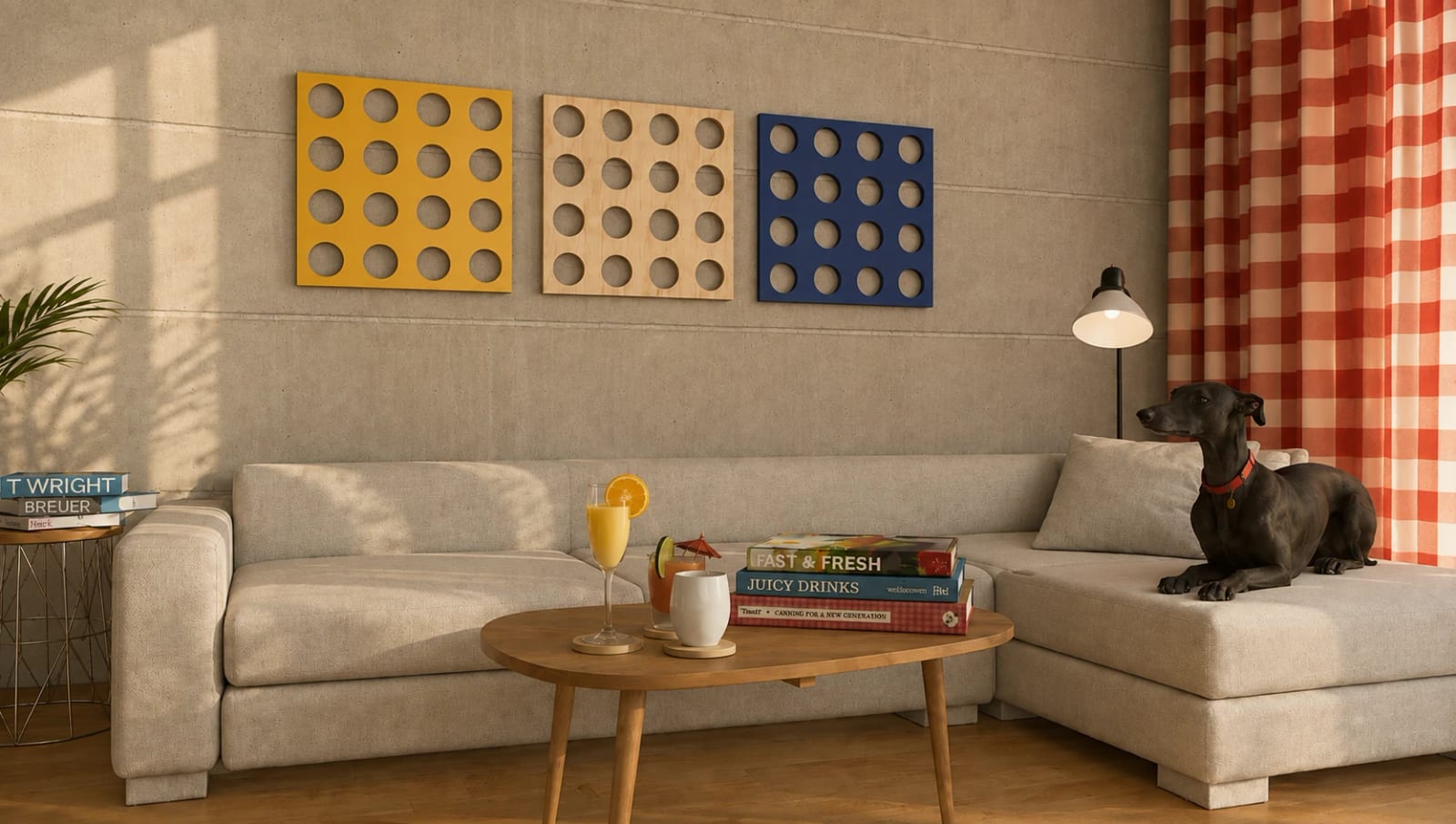 Three of our circle-cut wall panels, in mustard, natural wood and blue, hung above a sofa.