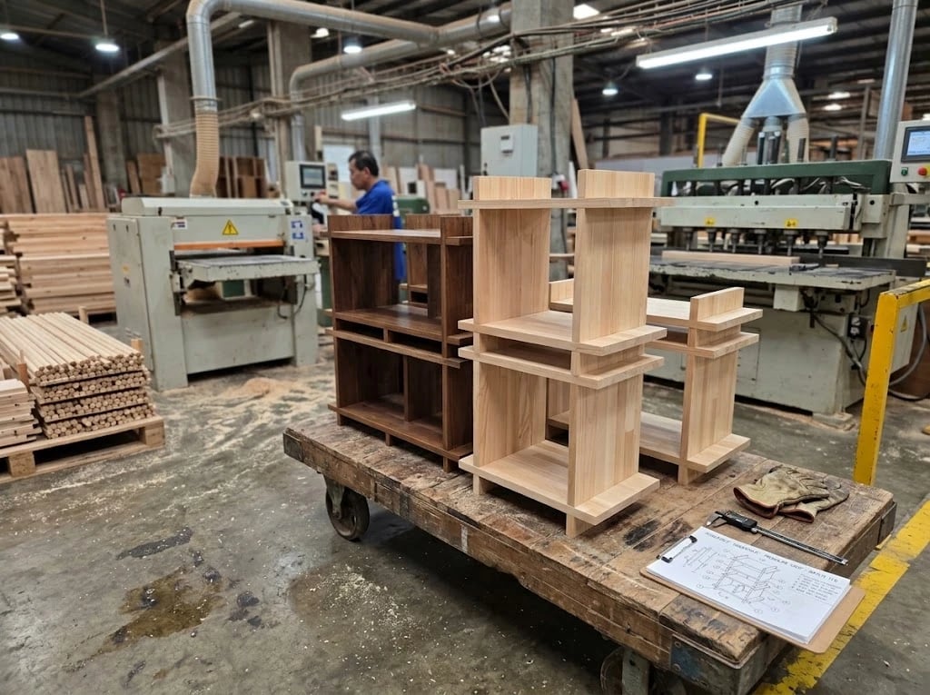 Freshly made wooden shelving units on a trolley in a woodworking workshop, with a drawing of the design on a clipboard beside them.